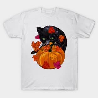 Pumpkin,maple leaf, black cat and falling autumn leaves T-Shirt